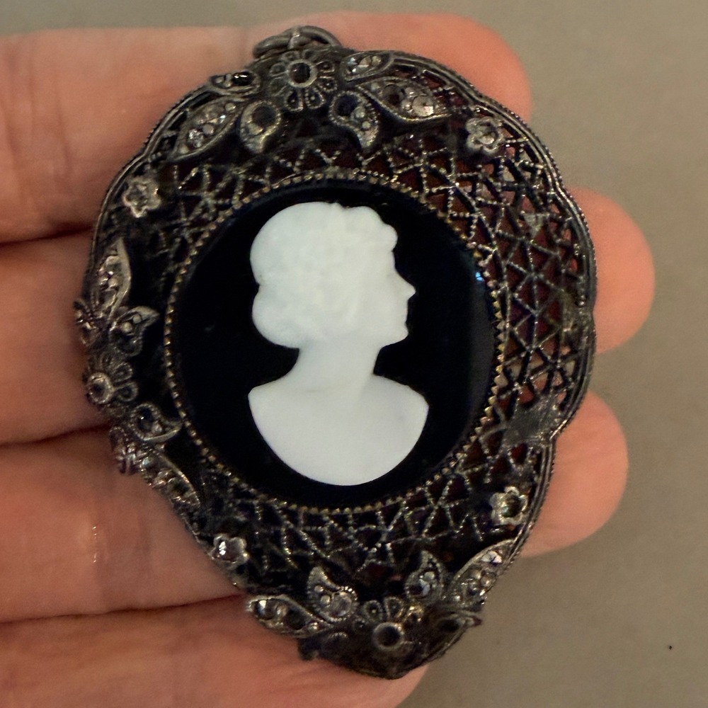 Antique 800 Silver Filigree Cameo Pendant Marcasite Black White 2" FLAWED